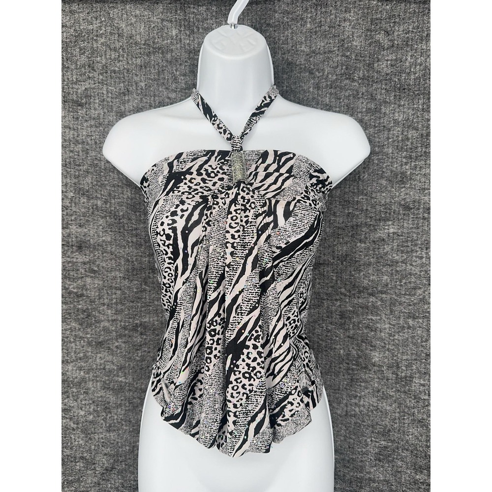 Y2K Vintage Top Cami Womens M Black Zebra Animal Print Halter Rhinestone Party